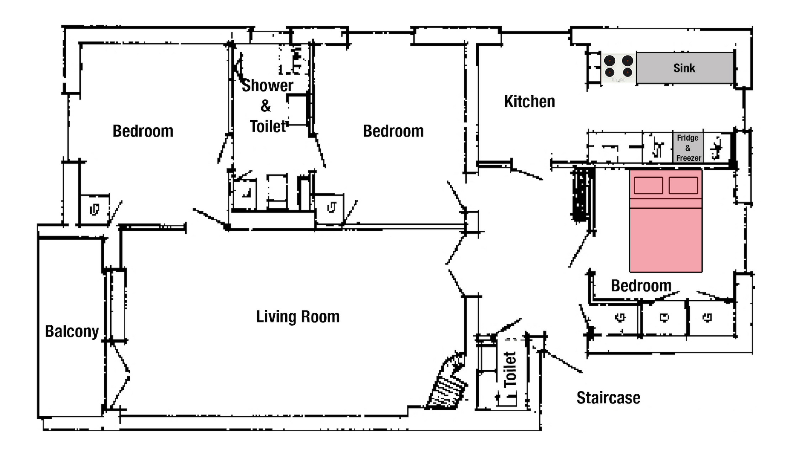 bedrooms and kitchen layout